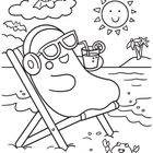 Illustration: Ein lächelnder, entspannter Charakter mit Brille in einem Liegestuhl am Strand, Sonnenbrille und Kopfhörer, Sonne.