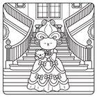 Eine Illustration zeigt eine stilvolle Figur mit großem Haar und Kleid, die eine Katze hält, vor einer Treppe in einem eleganten Haus.