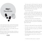 "Step 1: The Alibi" steht oben mit Fußspuren und Fingerabdruck. Es folgen detaillierte Hinweise zur Lösung eines Rätsels.