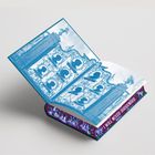 Ein Buch mit dem Satz "I will never surrender" am Buchrücken und blumigem Muster. Seiten zeigen ein blaues Tor-Design.