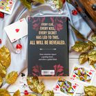 Text: "Every clue, every kiss, every secret has led to this. All will be revealed." Karten und goldene Blätter drumherum.