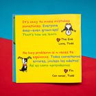 Bunte Seite mit Texten in Englisch und Spanisch über das Lernen aus Fehlern. Zwei niedliche Zeichnungen eines Pinguins und eines Hundes.