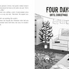 Links ein Textauszug. Rechts: "FOUR DAYS UNTIL CHRISTMAS". Illustration von einem Wohnzimmer mit Tannenbaum und Sofa.