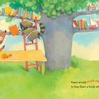 Text: "Fawn would rush-rush to the nearest store to buy Deer a book she knew he’d adore." Illustration eines Rehs, eines Waschbären und eines Eichhörnchens an einem Baum mit Spielzeug und Büchern.