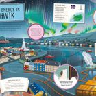 Geothermal Energy in Reykjavik. Text erklärt Erdwärme, Vulkane, heiße Quellen und ihre Nutzung in Reykjavik. Illustration.