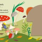 Text: "I can see a fluffy orange tail... is that the cosiest little person ever?" Illustration mit Tieren und Pilzen.