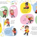 Texte sprechen Aufgaben für Kinder an, wie z. B. "Good morning!", "Hello!", "Hiya!", Schuhe anziehen und Hände waschen.