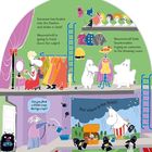 Texte: "Someone has broken into the theatre", "Moomintroll is going to track down the culprit", "Moomintroll finds Snorkmaiden", "Can you find a little creep having a nap?", "But where is the thief?" 

Illustration einer Theaterszene mit Figuren.