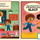 Texte: "We need a rocket that’s FAST", "Big and powerful, with boosters that BLAST", "Can you help them to build their rocket?". Zwei Kinder in Werkstatt.
