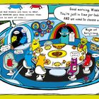 Comic-Stil Illustration: Bunte, verkleidete Wesen in einem futuristischen Raum mit einem großen Tisch. Viele Details und fröhliche Farben.