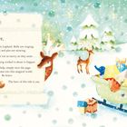 Ein Brief an den Leser beschreibt eine magische Zeit in Lappland. Die Illustration zeigt einen Weihnachtsmann, Rehe und einen Schlitten mit Geschenken im Schnee.