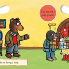 "Bear and his friends are having a party. Can you find a green present?" Bär und tierische Freunde mit Geschenken in einem Raum.