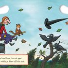 „How the witch wailed and how the cat spat, When the wind blew so wildly it blew off the hat.“  
Hexe auf Besen mit Katze, Hut fliegt im Wind. Krähen.