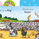 "What do you say dog? WOOF. What do you say horse? NEIGH." Illustration mit Tieren auf einem Hof.