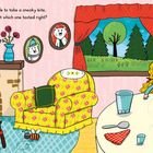 Ein Mädchen sitzt an einem Tisch mit Brei. Der Brei riecht gut. Text sagt: „Too cold“. Illustration einer gemütlichen Stube.