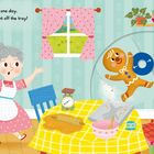 Ein Lebkuchenmann springt in einer Küche von einem Tablett. Eine ältere Frau schaut überrascht zu. Ein offenes Fenster zeigt eine Wiese.