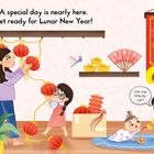 "Oberer Text: 'A special day is nearly here. Get ready for Lunar New Year!'. Familie dekoriert für das Mondneujahr."