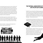 Das Bild enthält die Überschriften: "THE FOOTBALL ASSOCIATION IS FORMED, AND THE FA CUP IS BORN" und "THAT'S WHY FOOTBALL IS BRILLIANT." Links Fließtext, rechts eine Illustration eines Regelbuchs. Unten Silhouetten von Fußballspielern.