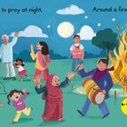 "First we gather to pray at night, around a fire burning bright." Menschen tanzen und trommeln fröhlich um ein großes Feuer herum.