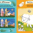 Linke Seite, oben: "Find the differences". Unten: Hirten mit Schafen. Rechte Seite: Punkt-zu-Punkt-Schaf mit Blumen.