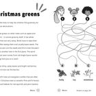 "Christmas greens." Vier Kinderköpfe mit Linien führen zu A: Stechpalmen, B: Efeu, C: Mistel, D: Kiefer.