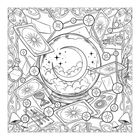 Keine Texte sichtbar. Illustration zeigt Mond, Sterne, Wolken, Tarotkarten, Flasche, Feder, Pilze, verziert mit Mustern.
