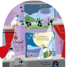 Texte: "Oops!", "Can you spot a little creep with a megaphone?", "He quickly puts on a costume...", "But where is the thief?" Illustration mit Moomins auf einer Bühne.