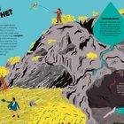 "CAN CAVES BREATHE? Cracking Down, In the Dark." Eine farbenfrohe Illustration zeigt Menschen auf einem Hügel mit einer großen Höhle.