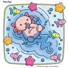 Text: „Palm Pals“. Illustration eines rosa Axolotls im Wasser, umgeben von farbigen Fischen und lächelnden Seesternen.