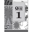 Mittig steht "Quiz 1". Umgeben von abstrakten, schwarz-weißen Mustern und geometrischen Formen.
