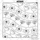 Text "MOOMIN" oben. Illustration von Blumen in Wellenlinien angeordnet.