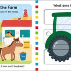Links: "Welcome to the farm", "Can you find 1 bucket of apples, 2 mice and 3 hay bales?" Rechts: "What does the farmer drive?" ilustration.