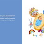 Text: "Brooklyn is the eldest son of the Beckham family..." Rechts neben der Textseite: Illustration eines Babys in einer Wiege, umgeben von Spielzeug und Geschenken.