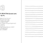 Links: "33. Write about the house you grew up in." mit Fragen. Rechts: Seite mit Linien für Notizen.