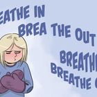 Texte: "BREATHE IN, BREATHE OUT". Illustration: Person mit blonden Haaren und Fäustlingen, die tief durchatmet.