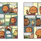 Zwei Seiten aus einem humorvollen Comic über Getränke und Essen in einem Bus. 6 Panels mit witzigen Dialogen.