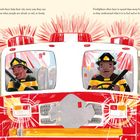 Zwei Texte beschreiben die Arbeit von Feuerwehrleuten, die Menschen helfen. Eine Illustration zeigt Feuerwehrleute im Einsatz.