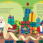 Ein fröhlicher Weihnachtsmann mit Elfen in einer Werkstatt, umgeben von bunten Geschenken und Keksen. Schöner, festlicher Raum.