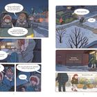 Dialog zwischen zwei Personen in einem Auto. Eine winterliche Szene mit einer Person, die eine Schule betritt.
