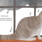 Text beschreibt Katzenspiel: "Cats love me. This one likes to watch me slide down the windowpane. She follows me with her nose." Illustration zeigt Katze an Fenster mit Regentropfen.