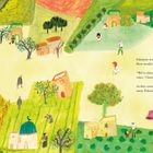 Text über Falasteens Zweifel und Hoffnung. Illustration einer Landschaft mit Hügeln, Bäumen und Häusern.