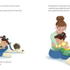 Texte sind auf Englisch über Pia und ihre Mutter. Illustration von Mutter und Kind mit Hund. Pia wirkt beruhigt.