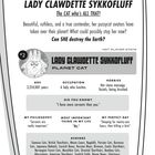 Text über Lady Clawdette Sykofluff, eine katzenartige Figur, die ihren Planeten erobert hat. Enthält Statistiken und Zitate.