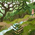 Zwei Sätze: „The mountain required real practice and training.“ und „so she hiked through the hills even when it was raining.“ Eine Person wandert im Regen durch einen grünen Wald mit Bäumen und einem Bach.