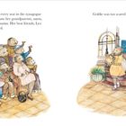 Links: "The next morning every seat in the synagogue was filled..." Rechts: "Goldie was too scared to wave back." Tierfiguren sitzen und stehen.
