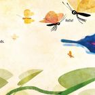 Text: „I say hello to new friends.“ und „Hello!“ bei Schmetterlingen. Illustration mit bunt-fliegenden Schmetterlingen.