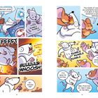 Comic mit knackenden Mäusen, die Feuer speien. Dialoge: Verbrennungen, Vorsicht, Entschuldigung und Milchkonsum.