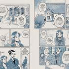 Texte: "Come on! She must have left an address...", "She doesn’t want to be contacted...", "...Rosalind will be joining...", "You can’t just erase her!", "...probably on the waitlist.", "I’m pleased to announce...", "Oh, dear…Eugenie again…", "All right, settle down." 

Eine schwarz-weiße Comic-Szene mit Schülern und Lehrern in einer Schule.