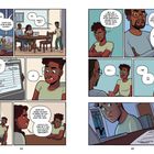 Zwei Figuren diskutieren Schulnoten. Notizen und Gedankenblasen zeigen Planungen und Besorgnis. Zahlen und Texte im Comic.