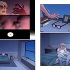 „NO!“ Ein erschreckter Junge, ein Zimmer bei Nacht, Brille, Tisch mit Fotos, Bücher und Kleinteile, Junge sitzt auf Bett.